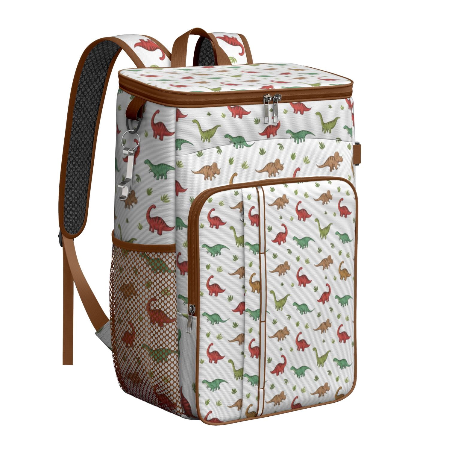 Travel Cooler Bag - White Cartoon Dinosaurs Leaves Pattern Camping Beer Cooler Backpack with Bottle Opener- Waterproof Insulated Picnic Backpacks - Cooler Bag for Beach