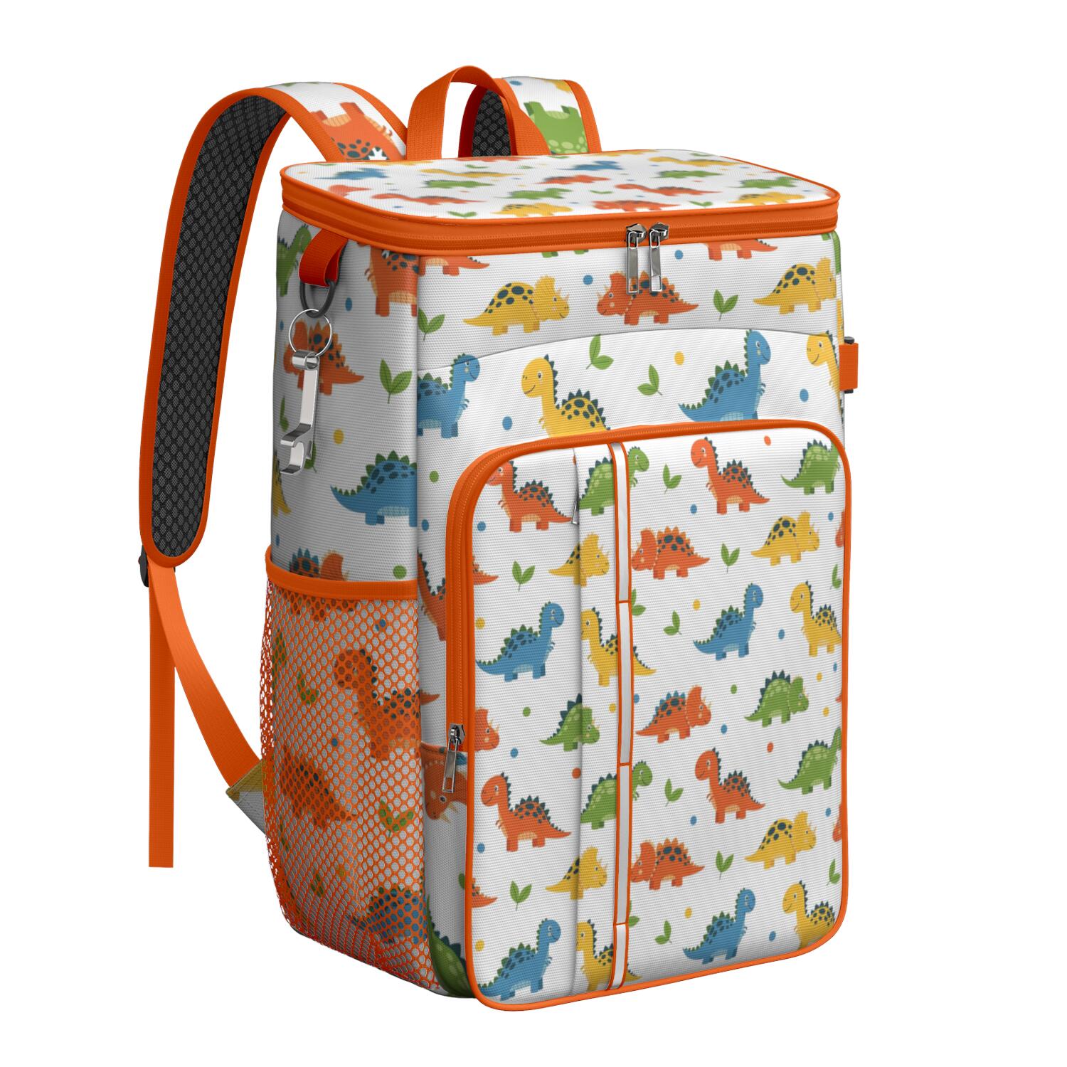 Travel Cooler Bag - White Cartoon Dinosaurs Leaves Pattern Camping Beer Cooler Backpack with Bottle Opener- Waterproof Insulated Picnic Backpacks - Cooler Bag for Beach