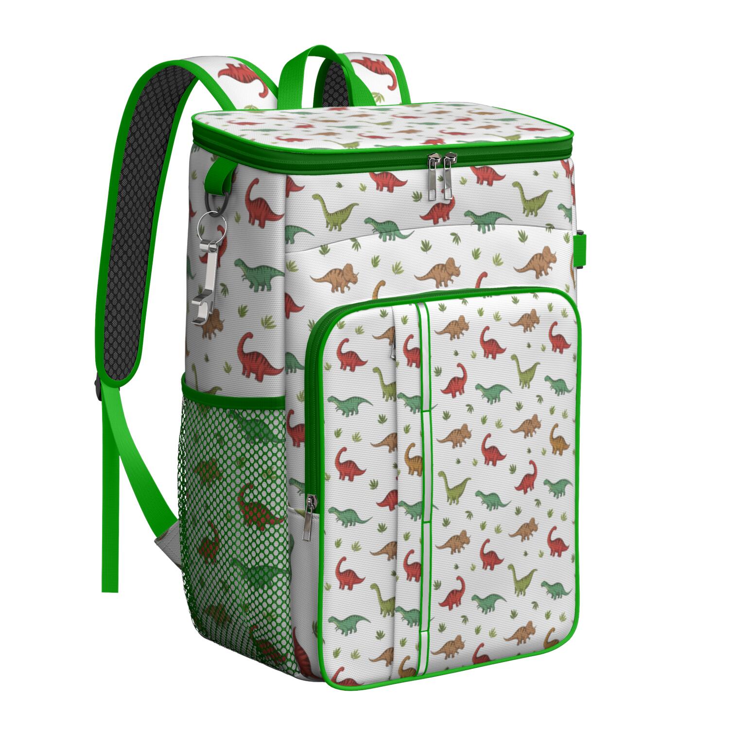 Travel Cooler Bag - White Cartoon Dinosaurs Leaves Pattern Camping Beer Cooler Backpack with Bottle Opener- Waterproof Insulated Picnic Backpacks - Cooler Bag for Beach