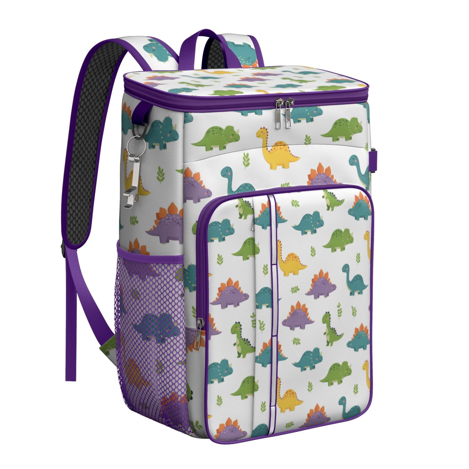 Travel Cooler Bag - White Cartoon Dinosaurs Leaves Pattern Camping Beer Cooler Backpack with Bottle Opener- Waterproof Insulated Picnic Backpacks - Cooler Bag for Beach