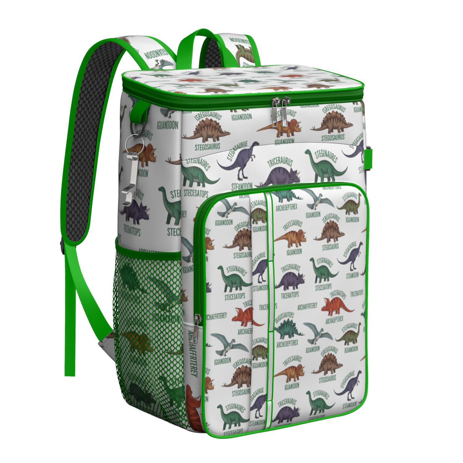 Travel Cooler Bag - White Cartoon Dinosaurs Names Pattern Camping Beer Cooler Backpack with Bottle Opener- Waterproof Insulated Picnic Backpacks - Cooler Bag for Beach