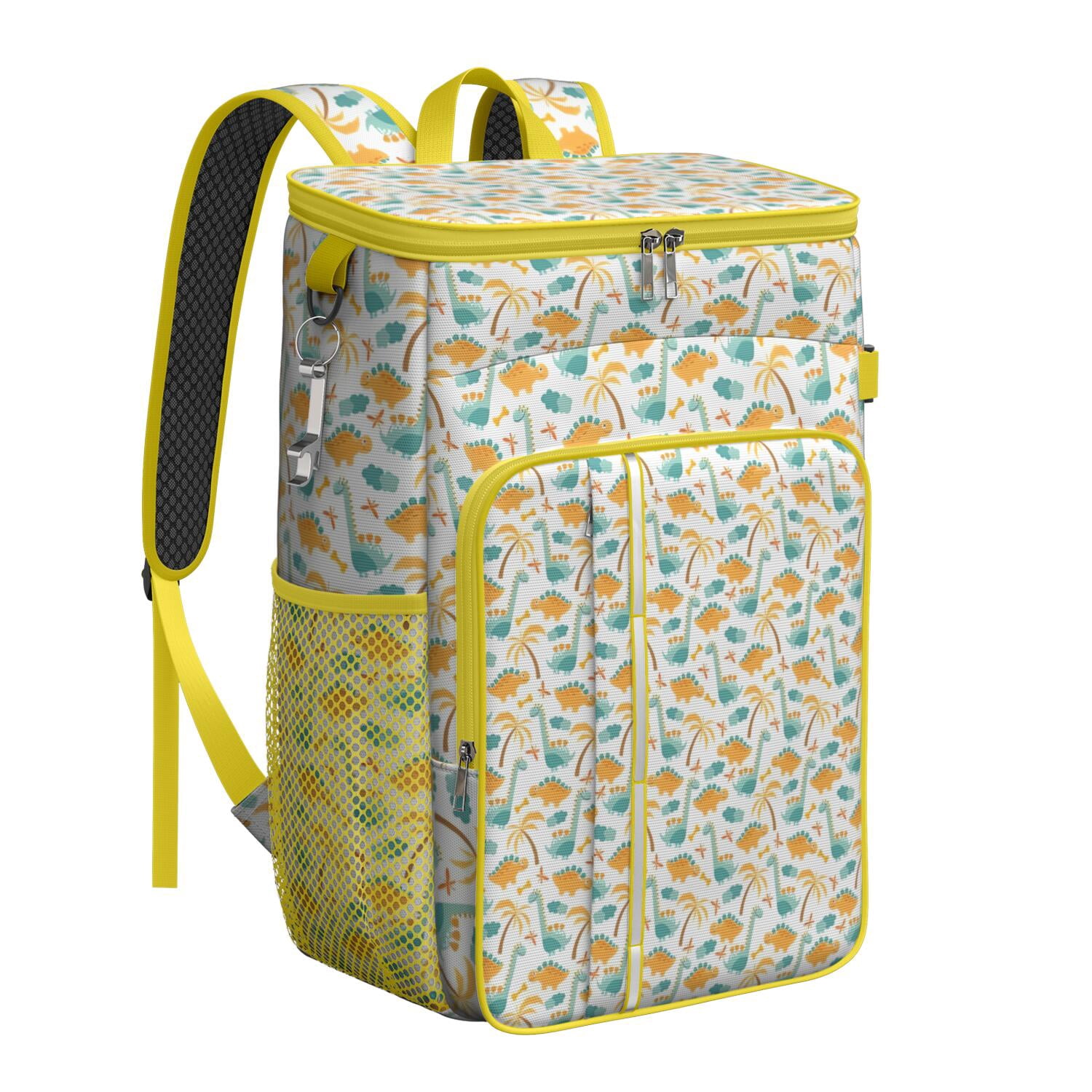 Travel Cooler Bag - White Cartoon Dinosaurs Palm Trees Pattern Camping Beer Cooler Backpack with Bottle Opener- Waterproof Insulated Picnic Backpacks - Cooler Bag for Beach
