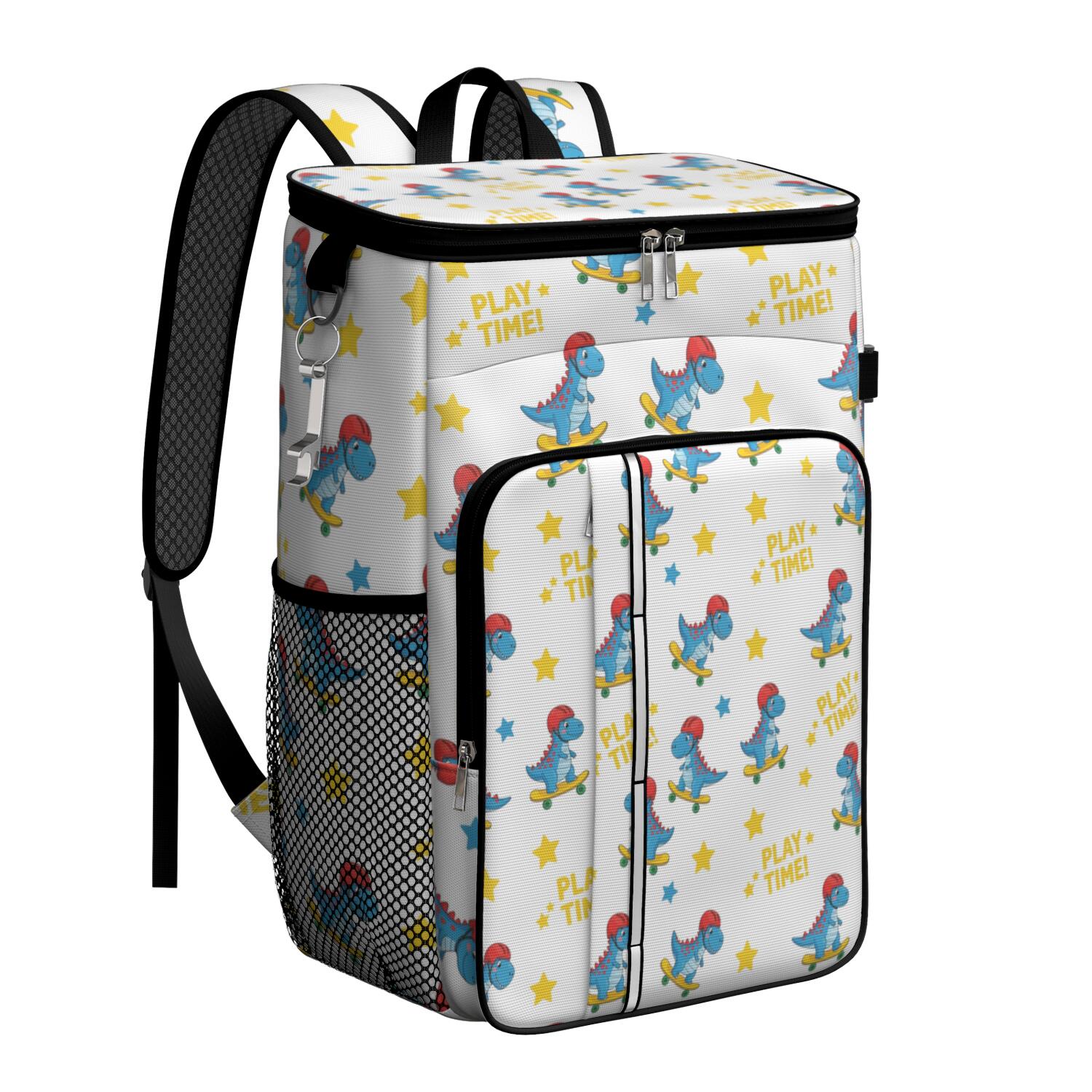 Travel Cooler Bag - White Cartoon Dinosaurs Skateboards Pattern Camping Beer Cooler Backpack with Bottle Opener- Waterproof Insulated Picnic Backpacks - Cooler Bag for Beach