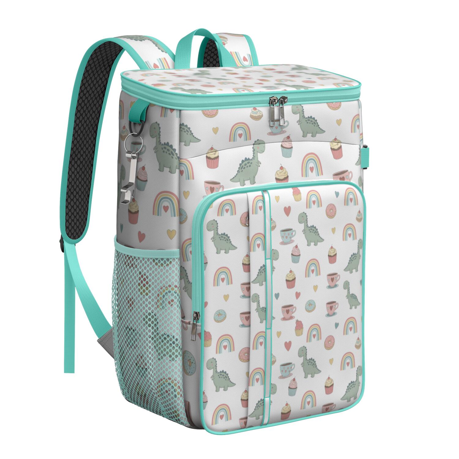 Travel Cooler Bag - White Cartoon Dinosaurs Sweets Rainbows Pattern Camping Beer Cooler Backpack with Bottle Opener- Waterproof Insulated Picnic Backpacks - Cooler Bag for Beach