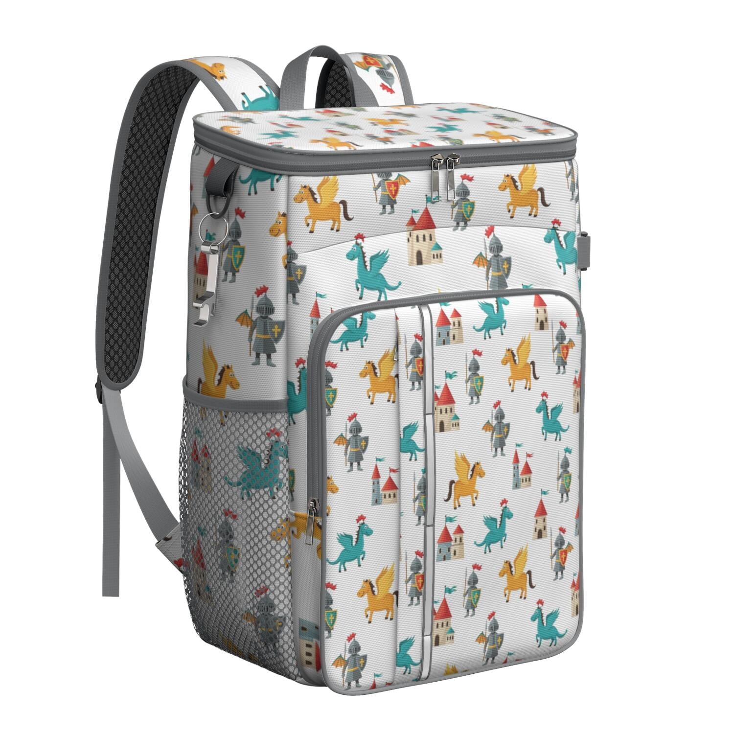 Travel Cooler Bag - White Cartoon KnightsCastles Pattern Camping Beer Cooler Backpack with Bottle Opener- Waterproof Insulated Picnic Backpacks - Cooler Bag for Beach