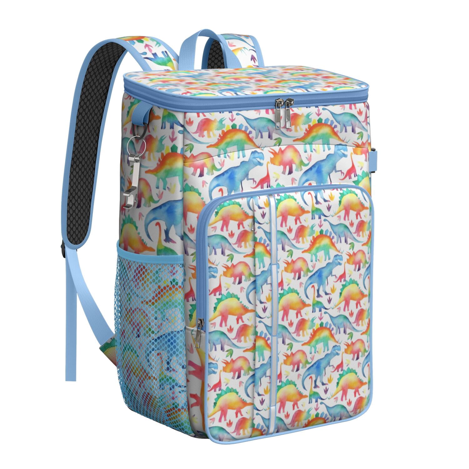 Travel Cooler Bag - White Cartoon Watercolor Dinosaurs Pattern Camping Beer Cooler Backpack with Bottle Opener- Waterproof Insulated Picnic Backpacks - Cooler Bag for Beach