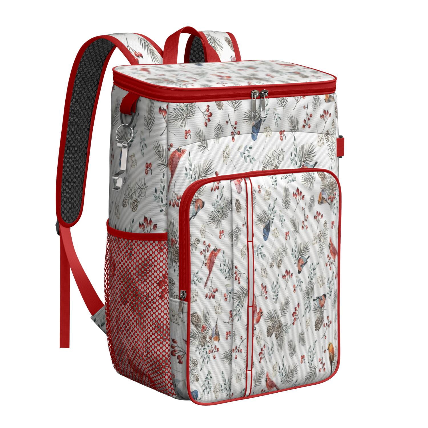 Travel Cooler Bag - White Christmas Bird and Pine Pattern Camping Beer Cooler Backpack with Bottle Opener- Waterproof Insulated Picnic Backpacks - Cooler Bag for Beach