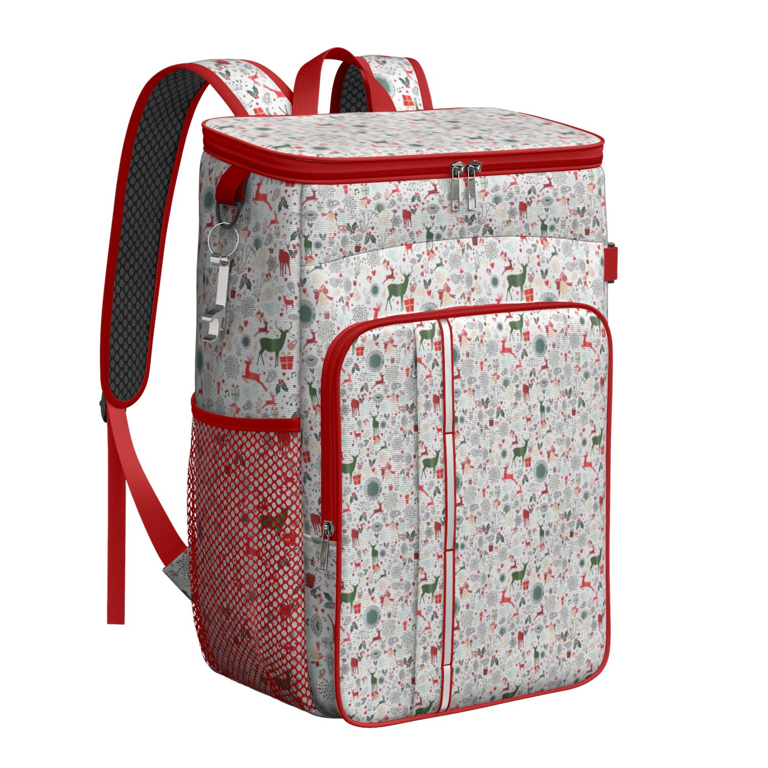 Travel Cooler Bag - White Christmas Deer and Gift Pattern Camping Beer Cooler Backpack with Bottle Opener- Waterproof Insulated Picnic Backpacks - Cooler Bag for Beach