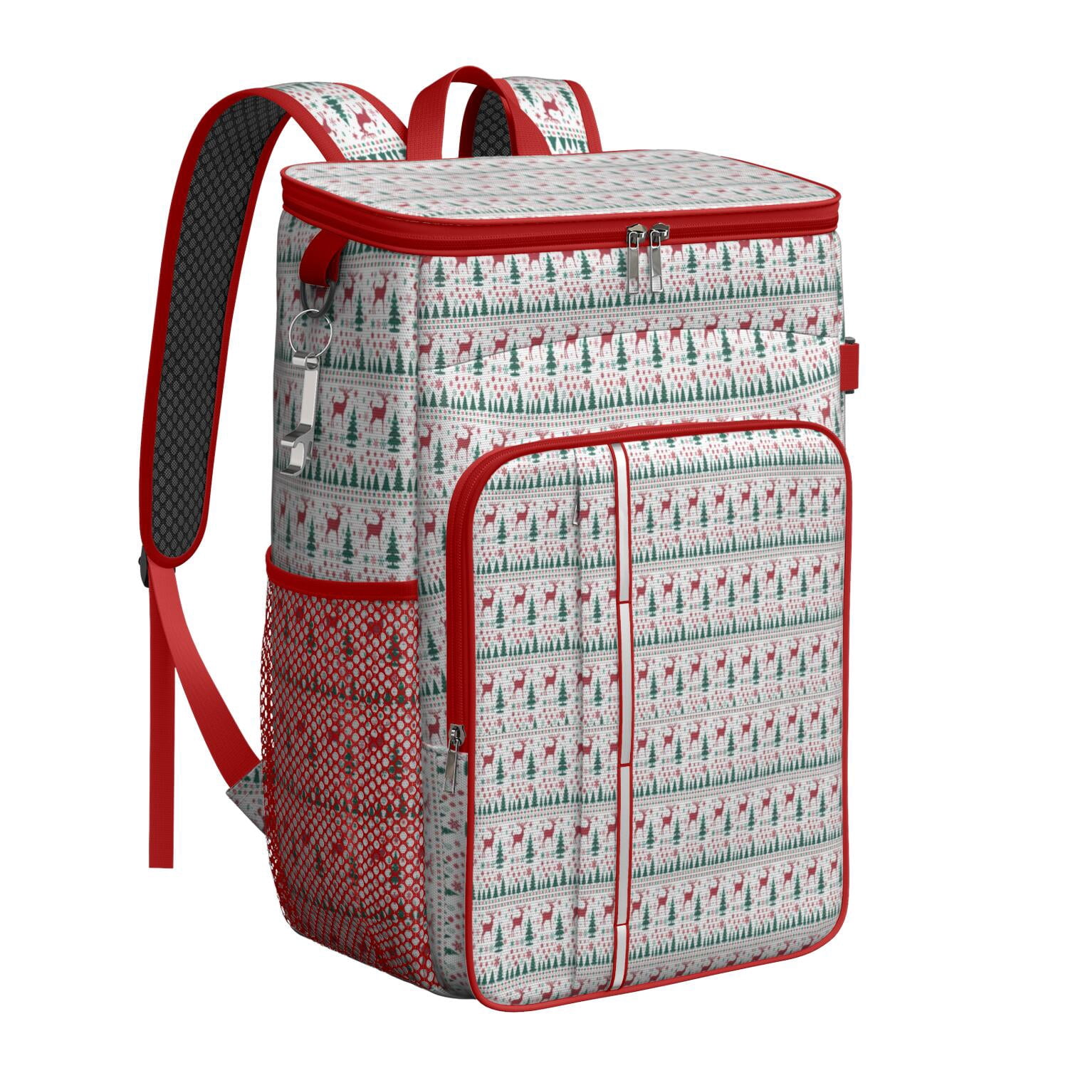 Travel Cooler Bag - White Christmas Deer and Tree Pattern Camping Beer Cooler Backpack with Bottle Opener- Waterproof Insulated Picnic Backpacks - Cooler Bag for Beach