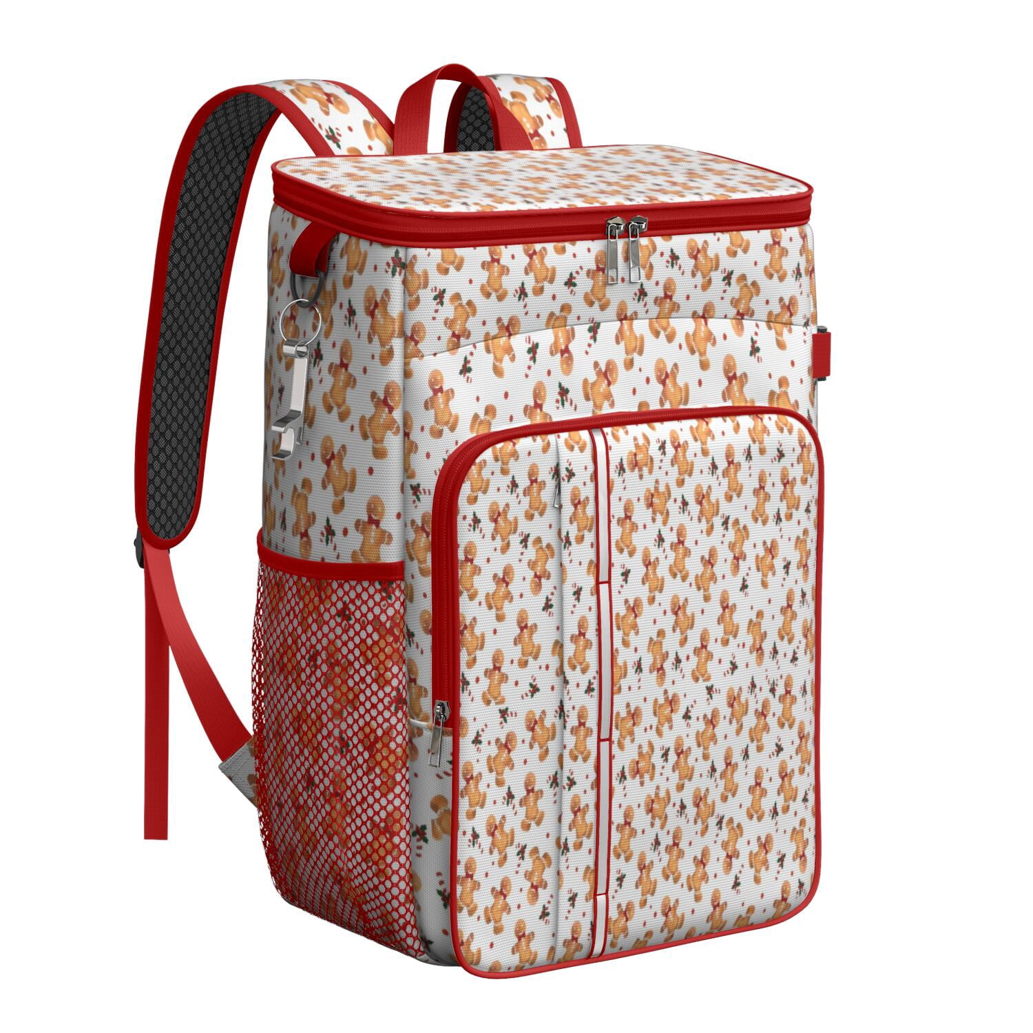 Travel Cooler Bag - White Christmas Gingerbread Man Pattern Camping Beer Cooler Backpack with Bottle Opener- Waterproof Insulated Picnic Backpacks - Cooler Bag for Beach