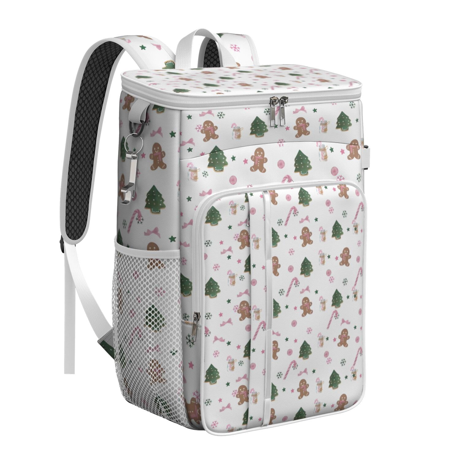 Travel Cooler Bag - White Christmas Gingerbread Man Pattern Camping Beer Cooler Backpack with Bottle Opener- Waterproof Insulated Picnic Backpacks - Cooler Bag for Beach
