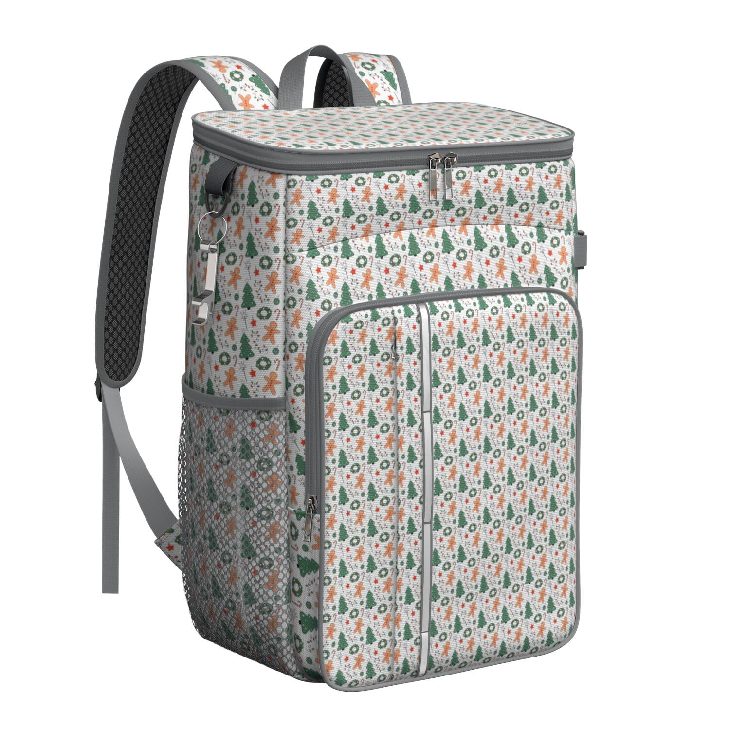 Travel Cooler Bag - White Christmas Gingerbread and Tree Pattern Camping Beer Cooler Backpack with Bottle Opener- Waterproof Insulated Picnic Backpacks - Cooler Bag for Beach