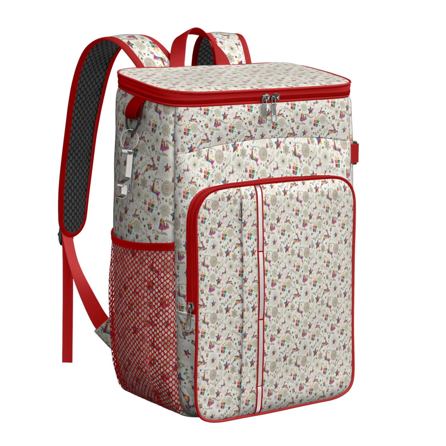 Travel Cooler Bag - White Christmas Star and Gift Pattern Camping Beer Cooler Backpack with Bottle Opener- Waterproof Insulated Picnic Backpacks - Cooler Bag for Beach