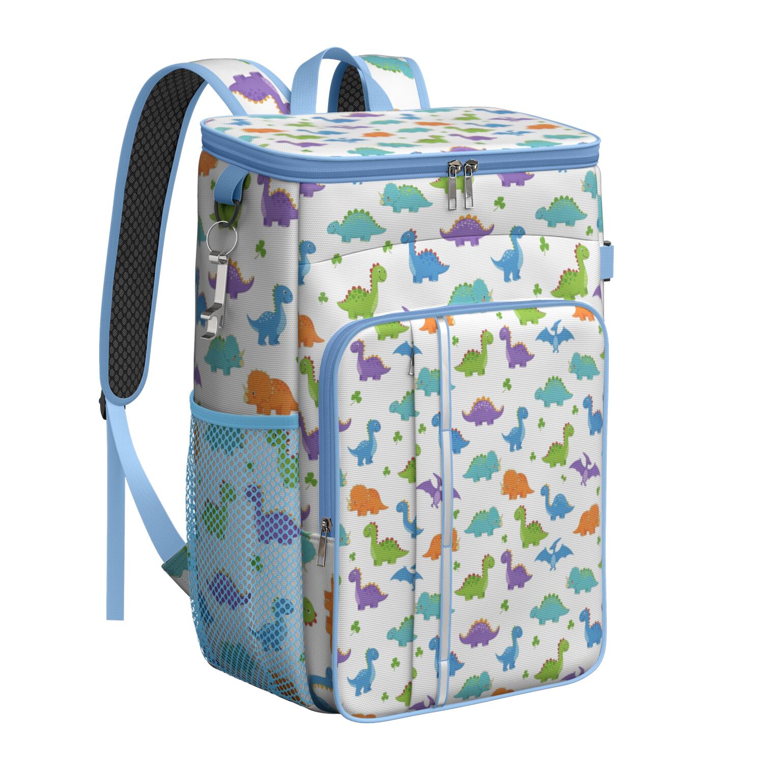 Travel Cooler Bag - White Colorful Dinosaurs Clovers Pattern Camping Beer Cooler Backpack with Bottle Opener- Waterproof Insulated Picnic Backpacks - Cooler Bag for Beach
