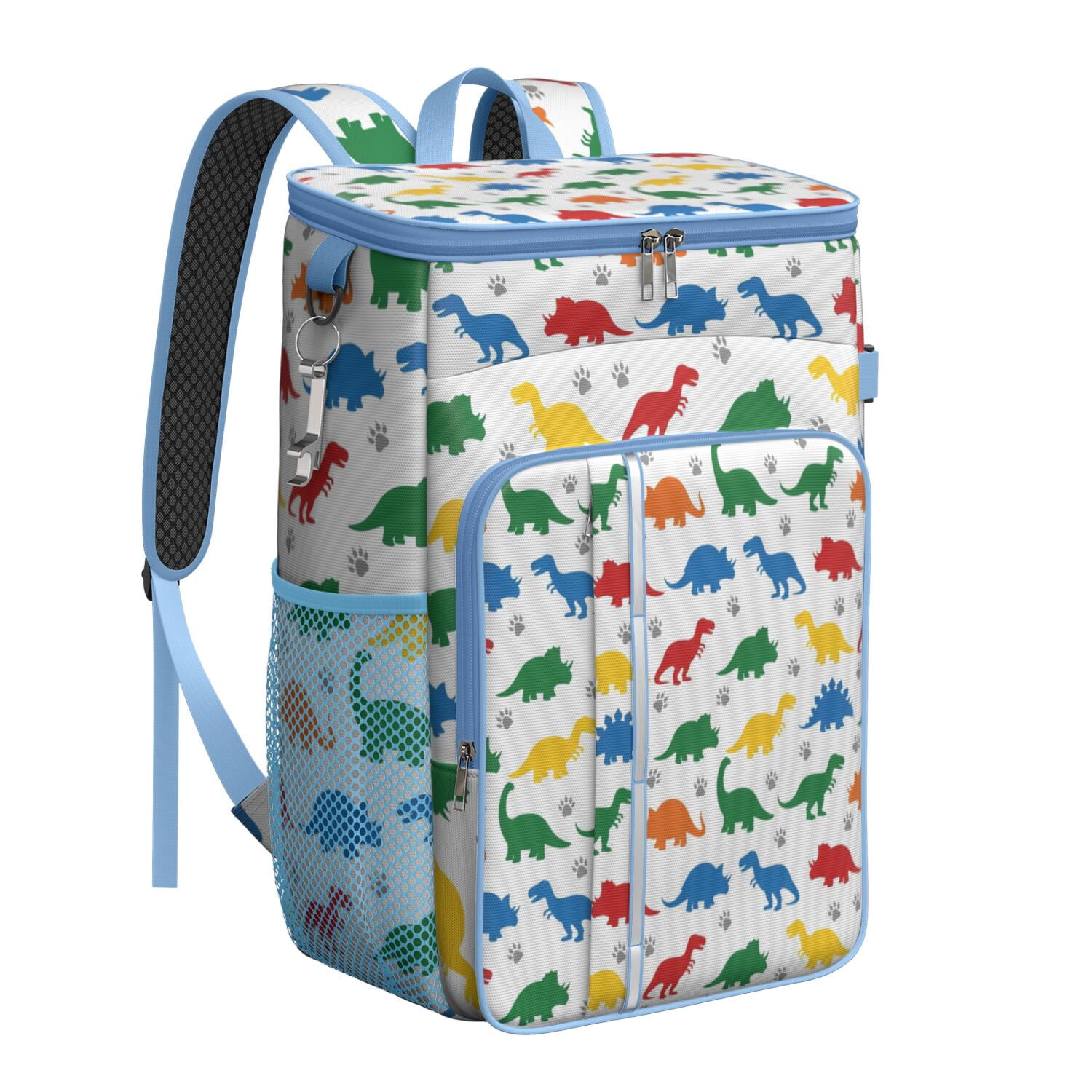 Travel Cooler Bag - White Colorful Dinosaurs Paw Prints Pattern Camping Beer Cooler Backpack with Bottle Opener- Waterproof Insulated Picnic Backpacks - Cooler Bag for Beach