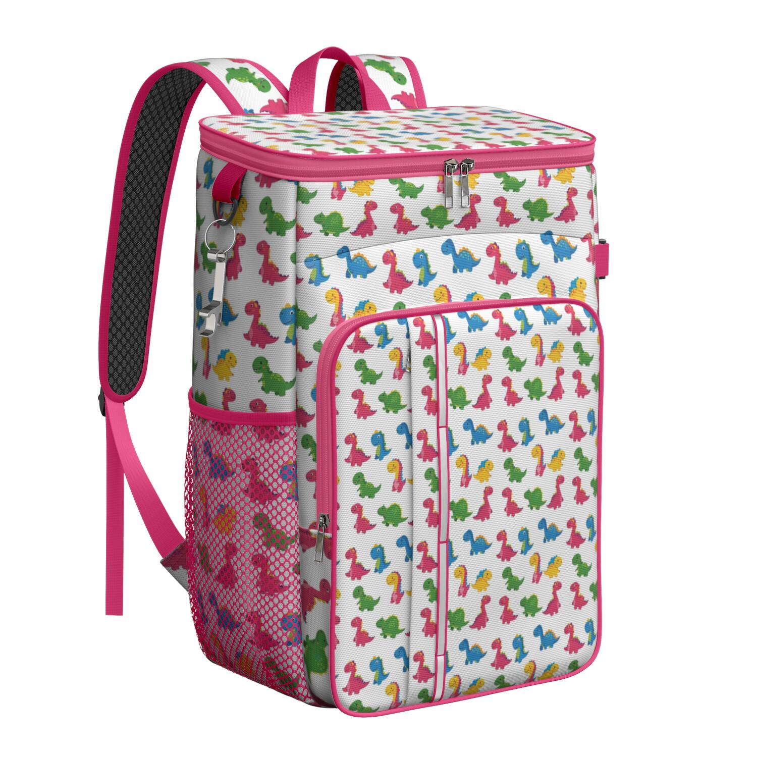 Travel Cooler Bag - White Colorful Tiny Dinosaurs Pattern Camping Beer Cooler Backpack with Bottle Opener- Waterproof Insulated Picnic Backpacks - Cooler Bag for Beach