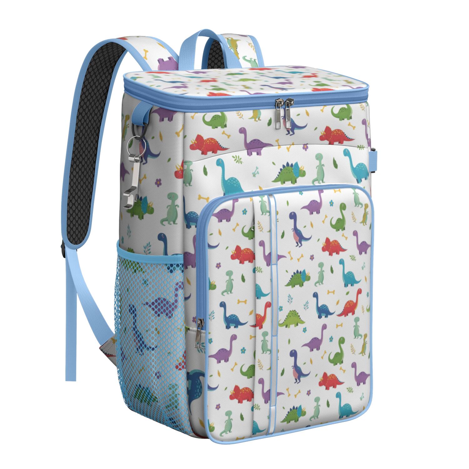 Travel Cooler Bag - White Dinosaurs Bones Flowers Pattern Camping Beer Cooler Backpack with Bottle Opener- Waterproof Insulated Picnic Backpacks - Cooler Bag for Beach