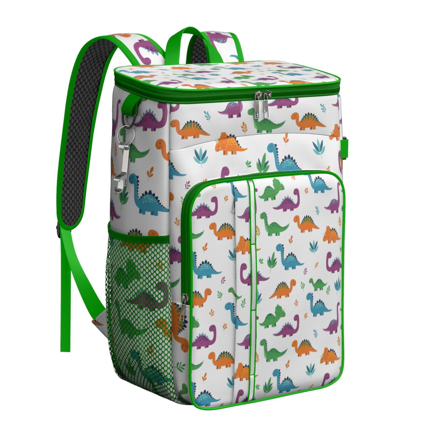 Travel Cooler Bag - White Dinosaurs Colorful Leaves Pattern Camping Beer Cooler Backpack with Bottle Opener- Waterproof Insulated Picnic Backpacks - Cooler Bag for Beach