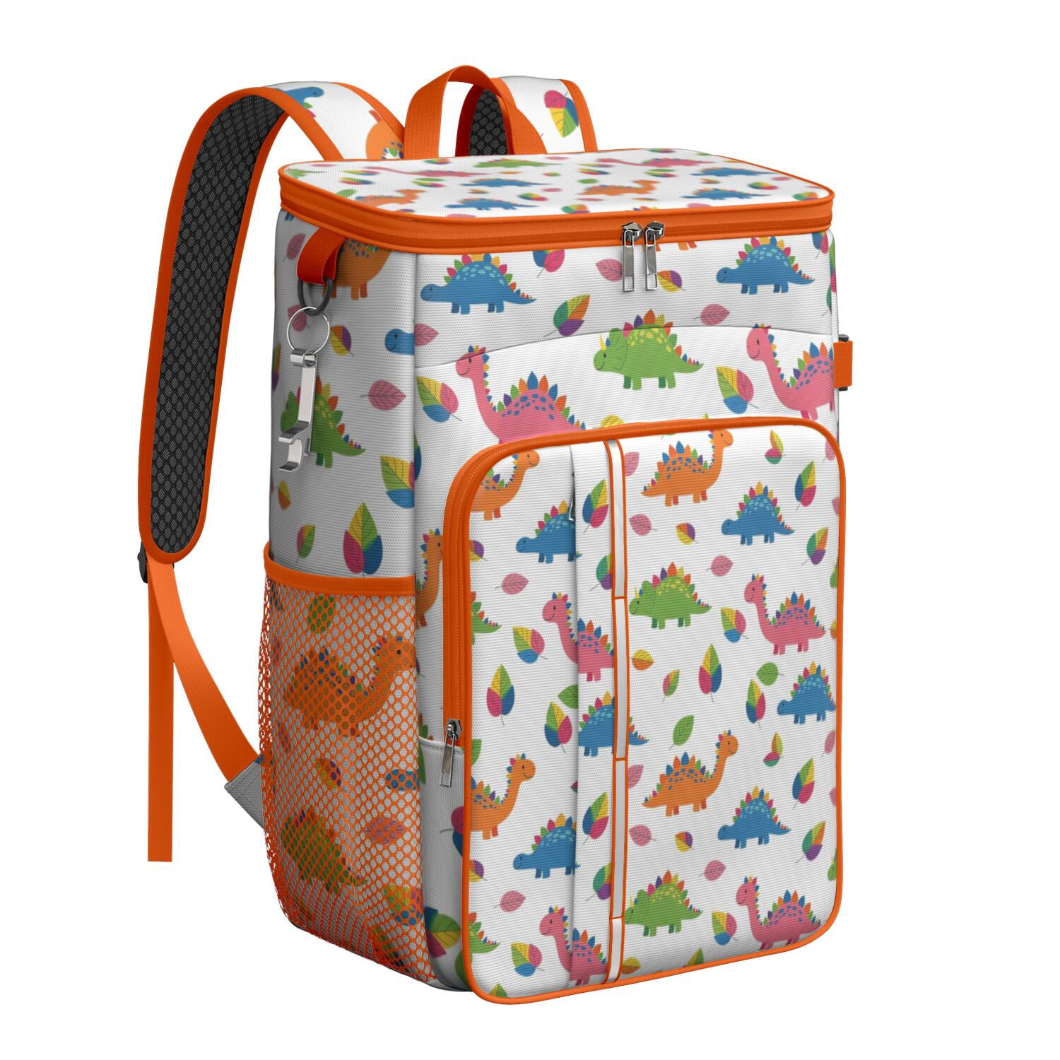 Travel Cooler Bag - White Dinosaurs Colorful Leaves Pattern Camping Beer Cooler Backpack with Bottle Opener- Waterproof Insulated Picnic Backpacks - Cooler Bag for Beach