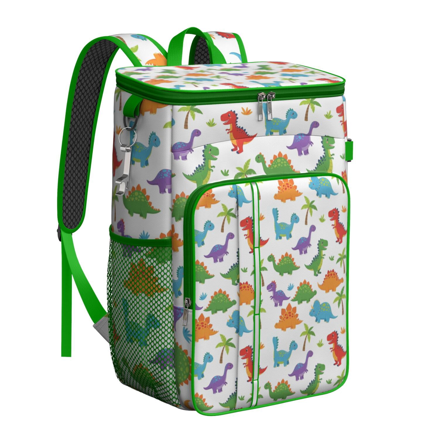Travel Cooler Bag - White Dinosaurs Colorful Species Palms Pattern Camping Beer Cooler Backpack with Bottle Opener- Waterproof Insulated Picnic Backpacks - Cooler Bag for Beach