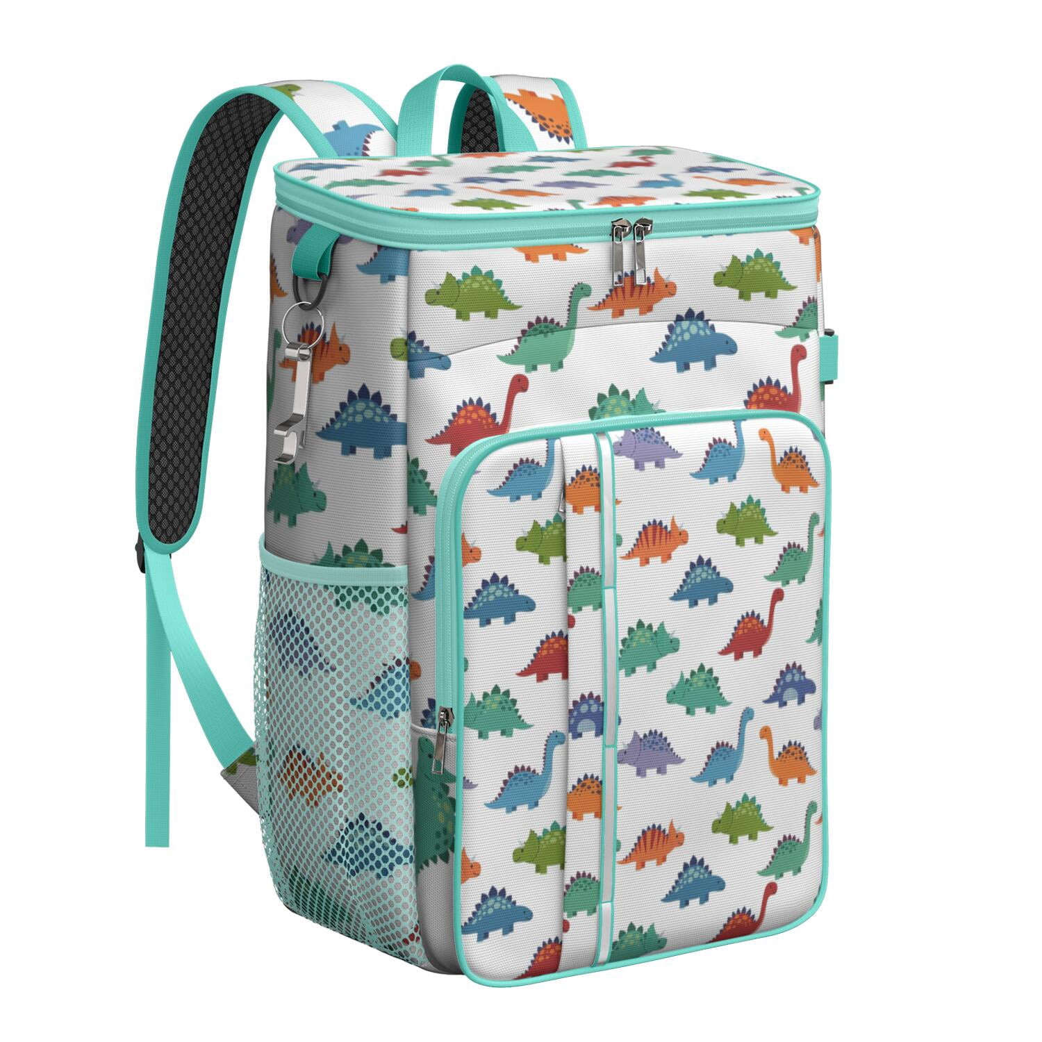Travel Cooler Bag - White Dinosaurs Colorful Species Pattern Camping Beer Cooler Backpack with Bottle Opener- Waterproof Insulated Picnic Backpacks - Cooler Bag for Beach