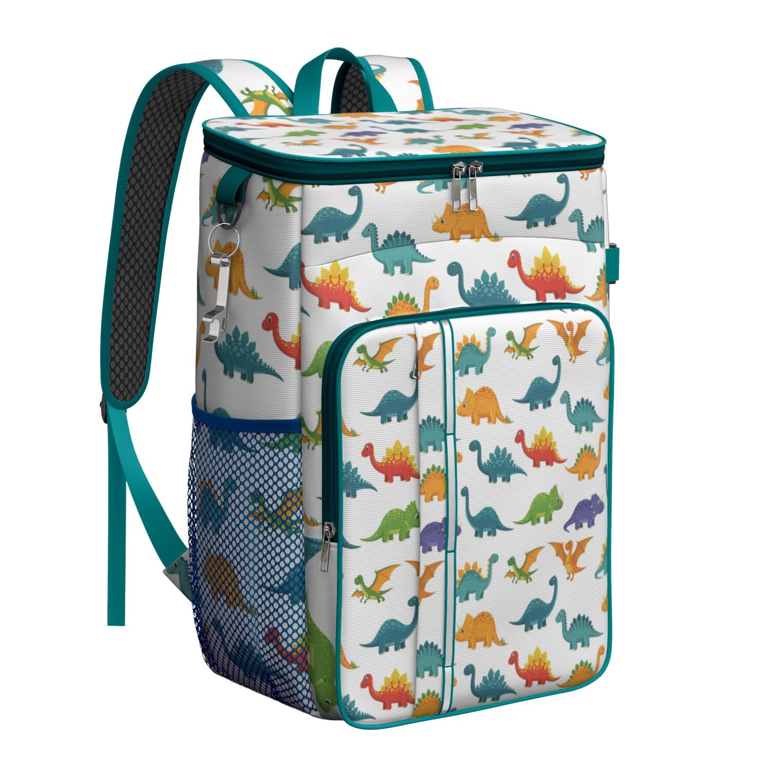 Travel Cooler Bag - White Dinosaurs Colorful Species Pattern Camping Beer Cooler Backpack with Bottle Opener- Waterproof Insulated Picnic Backpacks - Cooler Bag for Beach