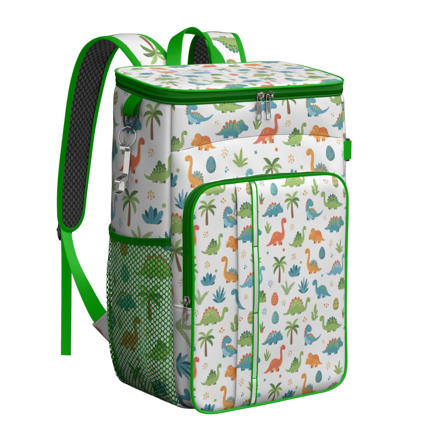 Travel Cooler Bag - White Dinosaurs Eggs Palms Pattern Camping Beer Cooler Backpack with Bottle Opener- Waterproof Insulated Picnic Backpacks - Cooler Bag for Beach
