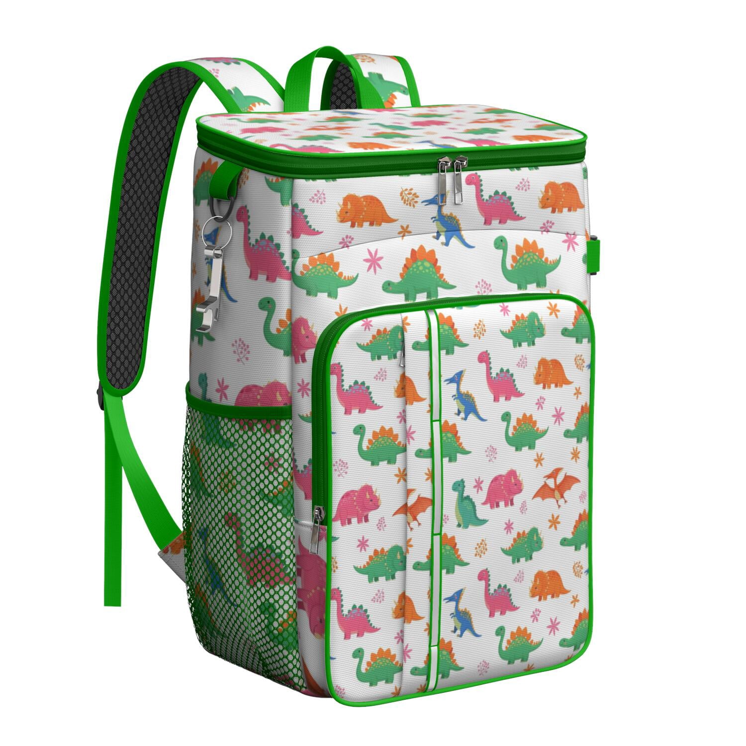 Travel Cooler Bag - White Dinosaurs Flowers Pattern Camping Beer Cooler Backpack with Bottle Opener- Waterproof Insulated Picnic Backpacks - Cooler Bag for Beach