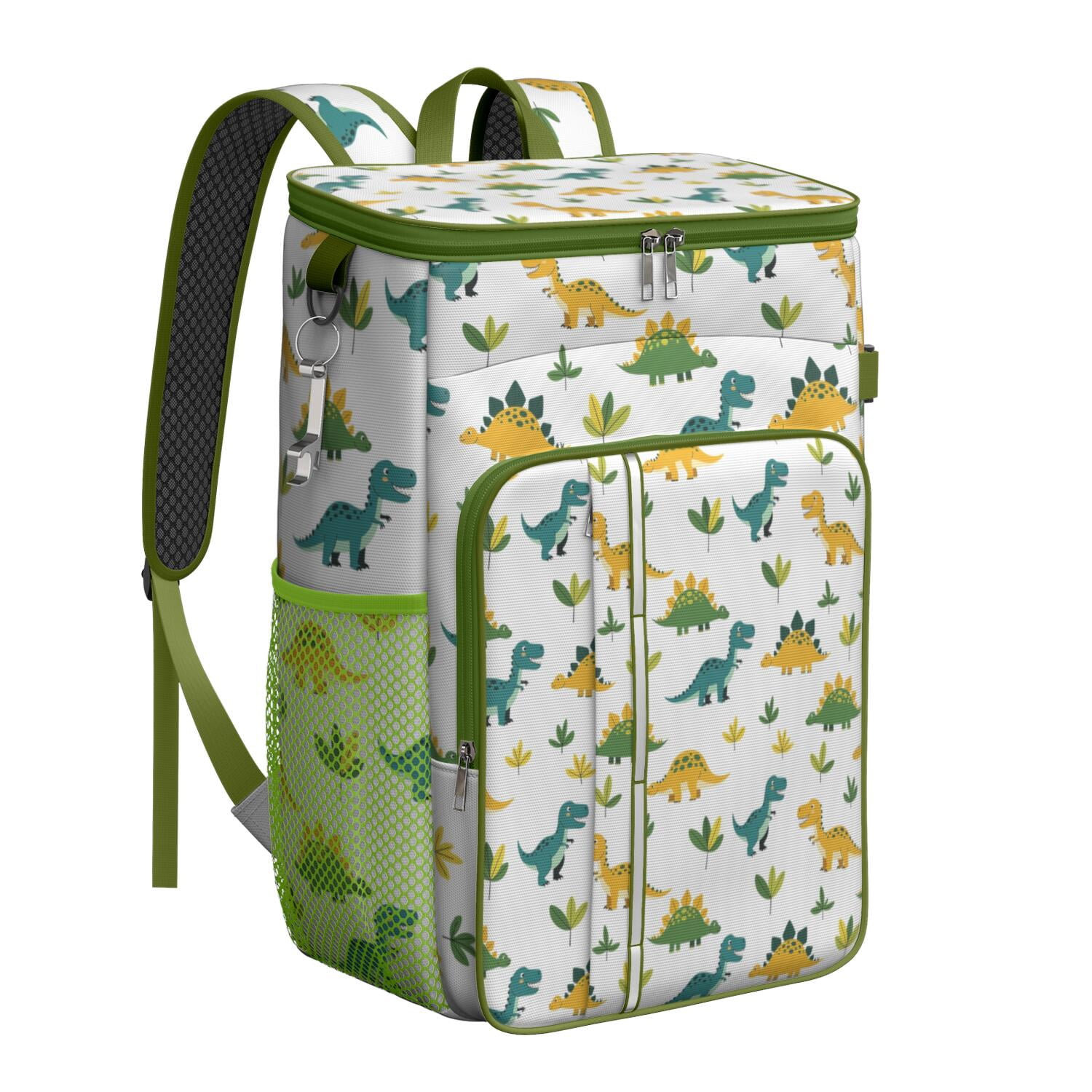 Travel Cooler Bag - White Dinosaurs Leaves Pattern Camping Beer Cooler Backpack with Bottle Opener- Waterproof Insulated Picnic Backpacks - Cooler Bag for Beach
