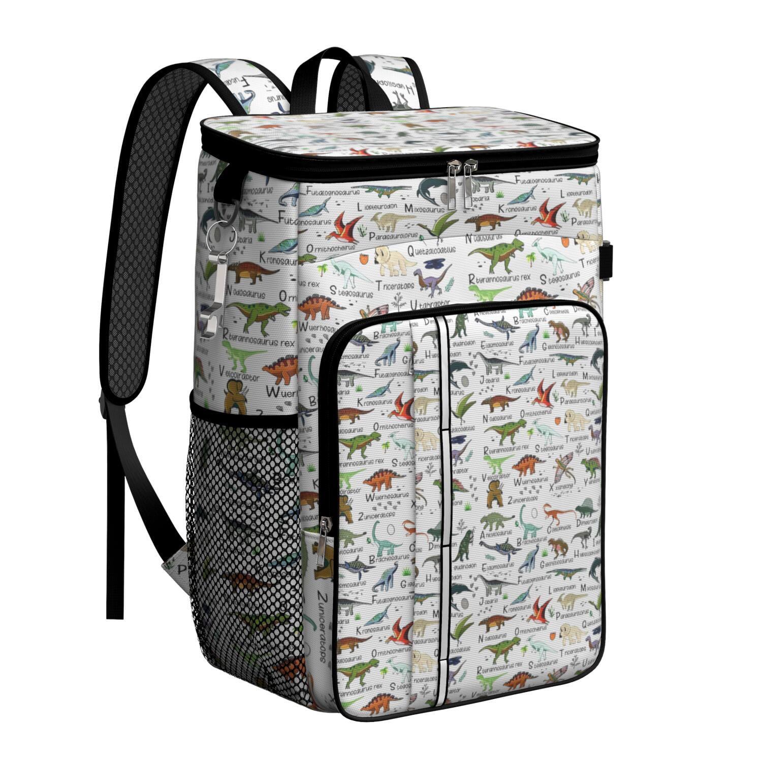 Travel Cooler Bag - White Dinosaurs Names Species Pattern Camping Beer Cooler Backpack with Bottle Opener- Waterproof Insulated Picnic Backpacks - Cooler Bag for Beach