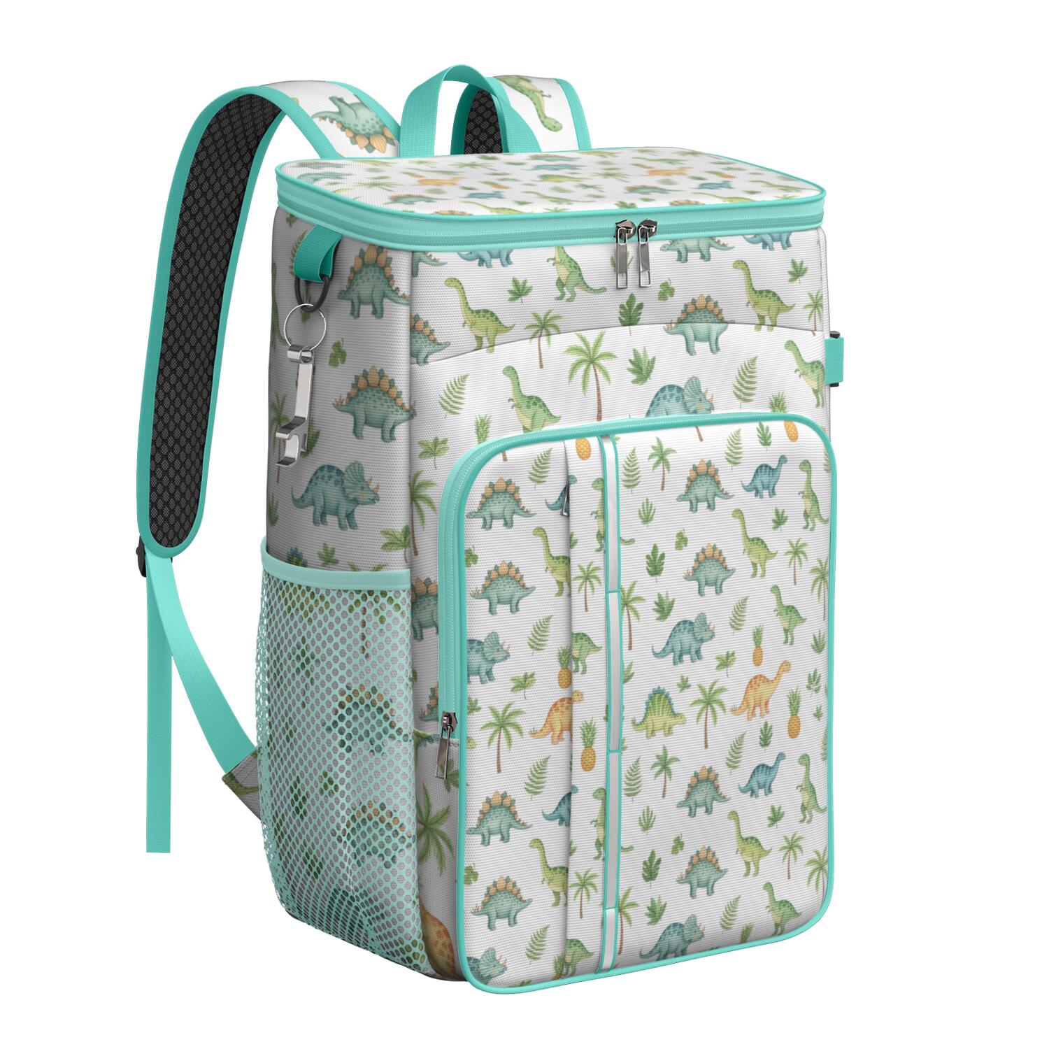 Travel Cooler Bag - White Dinosaurs Palms Pineapples Pattern Camping Beer Cooler Backpack with Bottle Opener- Waterproof Insulated Picnic Backpacks - Cooler Bag for Beach