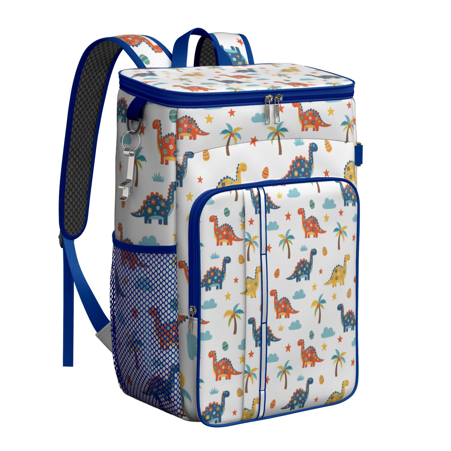 Travel Cooler Bag - White Dinosaurs Palms Stars Pattern Camping Beer Cooler Backpack with Bottle Opener- Waterproof Insulated Picnic Backpacks - Cooler Bag for Beach
