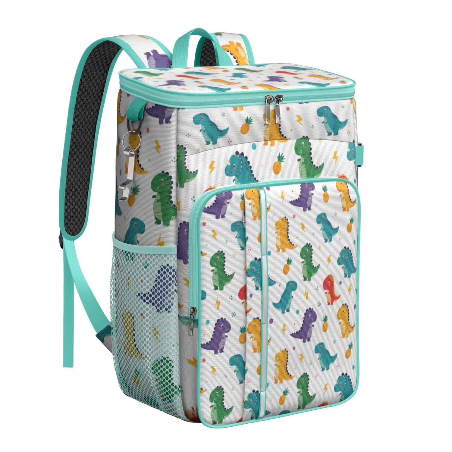 Travel Cooler Bag - White Dinosaurs Pineapples Bolts Pattern Camping Beer Cooler Backpack with Bottle Opener- Waterproof Insulated Picnic Backpacks - Cooler Bag for Beach