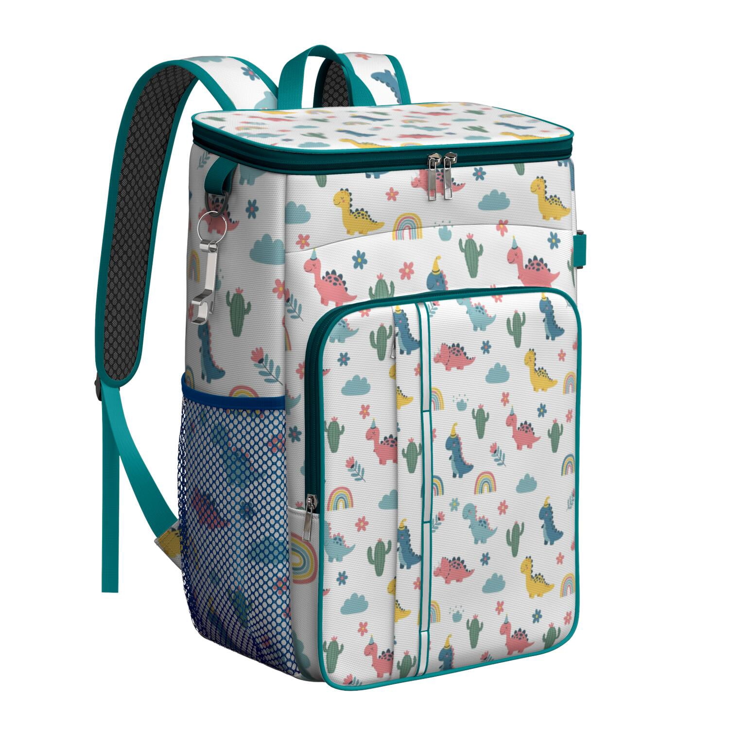 Travel Cooler Bag - White Dinosaurs Rainbows Cacti Pattern Camping Beer Cooler Backpack with Bottle Opener- Waterproof Insulated Picnic Backpacks - Cooler Bag for Beach
