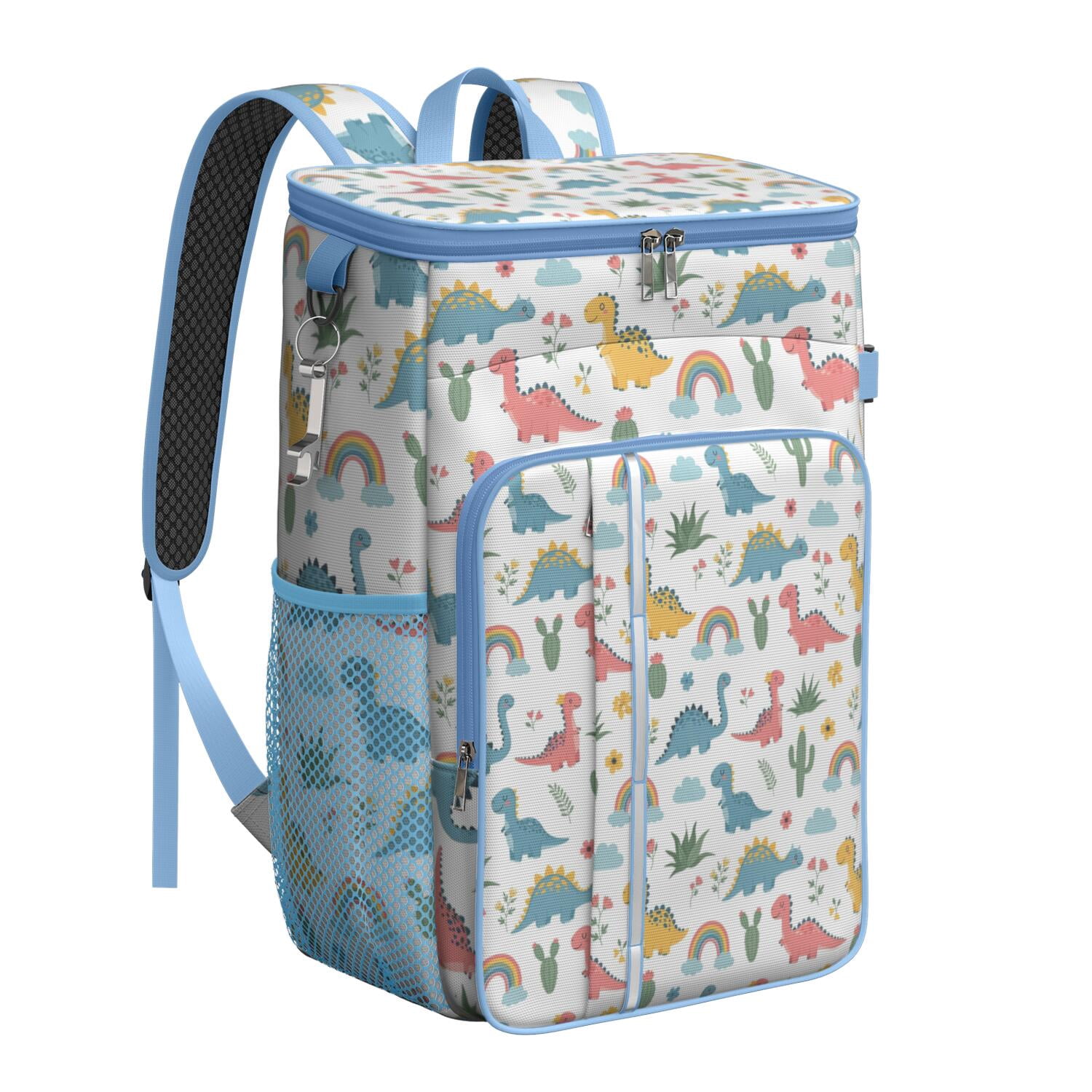 Travel Cooler Bag - White Dinosaurs Rainbows Plants Pattern Camping Beer Cooler Backpack with Bottle Opener- Waterproof Insulated Picnic Backpacks - Cooler Bag for Beach