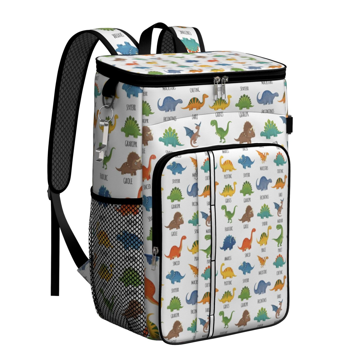 Travel Cooler Bag - White Dinosaurs Random Words Camping Beer Cooler Backpack with Bottle Opener- Waterproof Insulated Picnic Backpacks - Cooler Bag for Beach