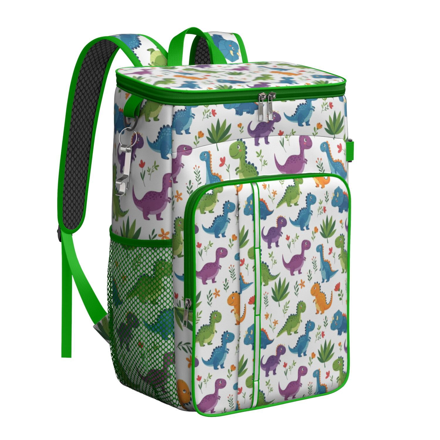 Travel Cooler Bag - White Floral Dinosaurs Pattern Camping Beer Cooler Backpack with Bottle Opener- Waterproof Insulated Picnic Backpacks - Cooler Bag for Beach