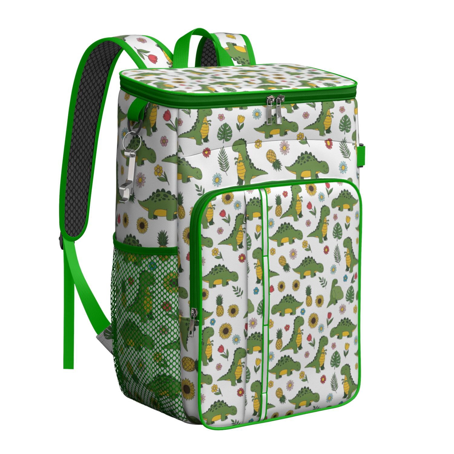 Travel Cooler Bag - White Green Dinosaurs Floral Pattern Camping Beer Cooler Backpack with Bottle Opener- Waterproof Insulated Picnic Backpacks - Cooler Bag for Beach