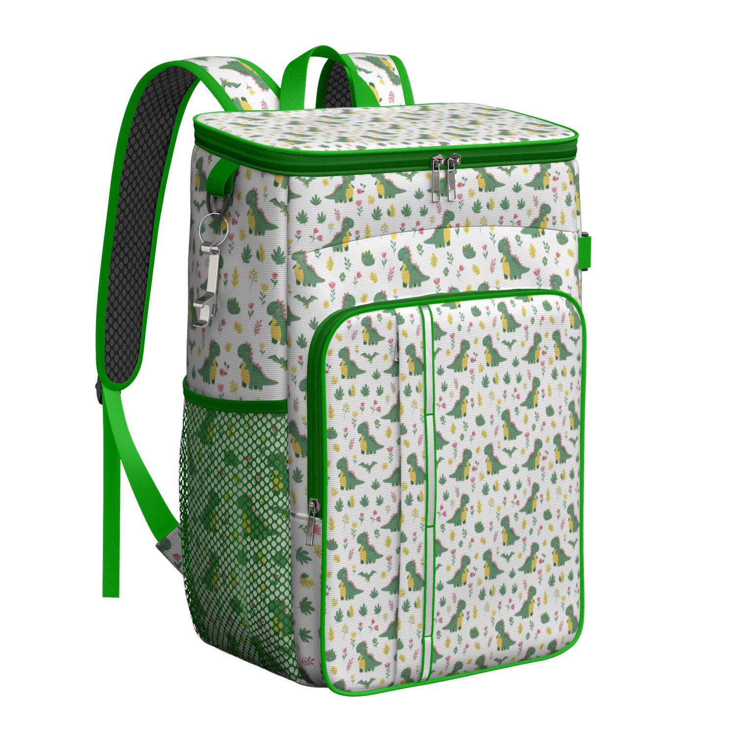 Travel Cooler Bag - White Green Dinosaurs Floral Pattern Camping Beer Cooler Backpack with Bottle Opener- Waterproof Insulated Picnic Backpacks - Cooler Bag for Beach