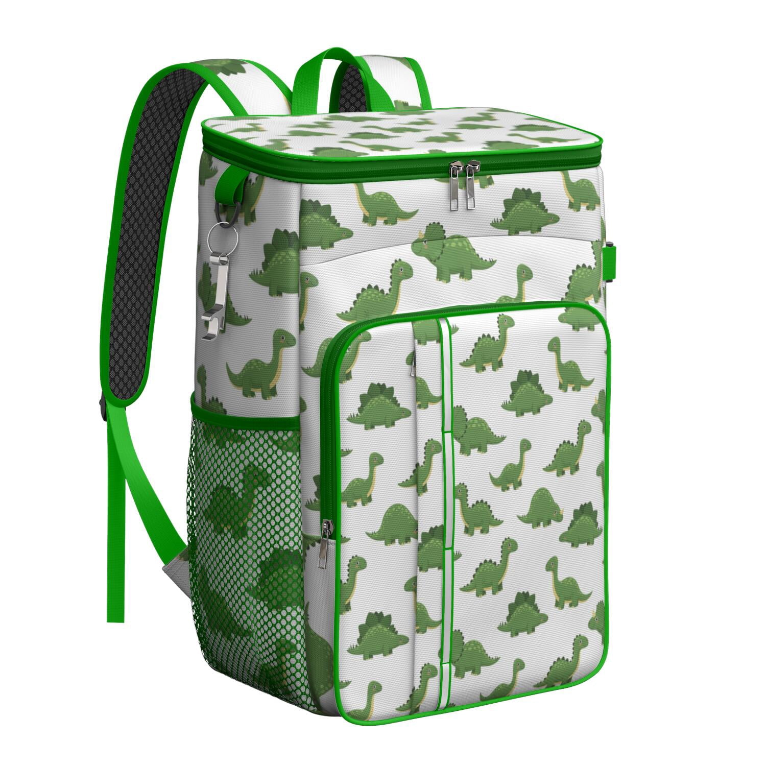 Travel Cooler Bag - White Green Dinosaurs Pattern Camping Beer Cooler Backpack with Bottle Opener- Waterproof Insulated Picnic Backpacks - Cooler Bag for Beach