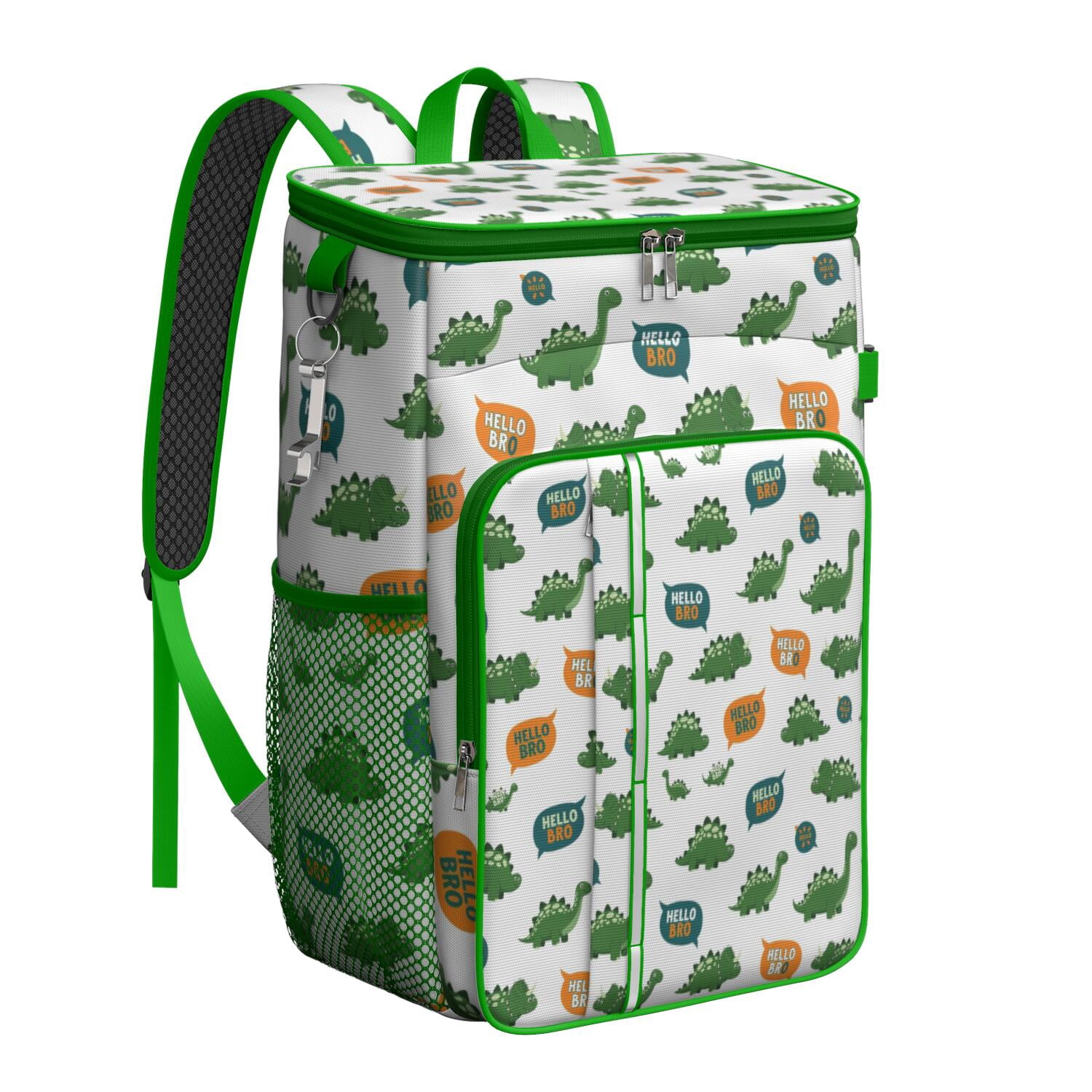 Travel Cooler Bag - White Green Dinosaurs Speech Bubbles Pattern Camping Beer Cooler Backpack with Bottle Opener- Waterproof Insulated Picnic Backpacks - Cooler Bag for Beach