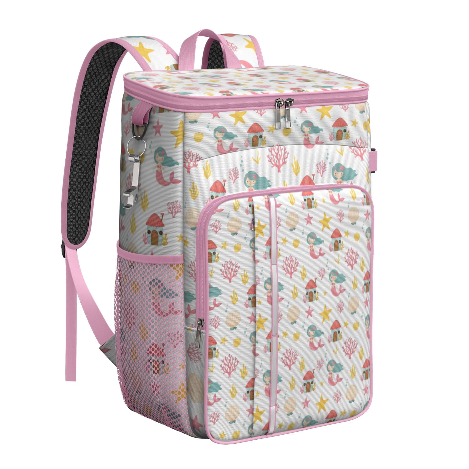 Travel Cooler Bag - White Mermaid Pattern Camping Beer Cooler Backpack with Bottle Opener- Waterproof Insulated Picnic Backpacks - Cooler Bag for Beach