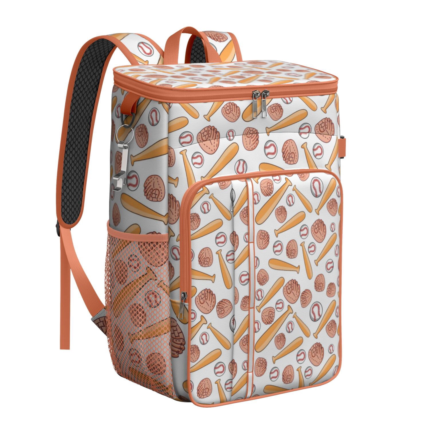 Travel Cooler Bag - White Orange Baseball Gear Pattern Camping Beer Cooler Backpack with Bottle Opener- Waterproof Insulated Picnic Backpacks - Cooler Bag for Beach