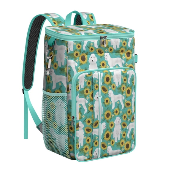 Travel Cooler Bag - White Poodle Dog and Sunflowers Camping Beer Cooler Backpack with Bottle Opener- Waterproof Insulated Picnic Backpacks - Cooler Bag for Beach