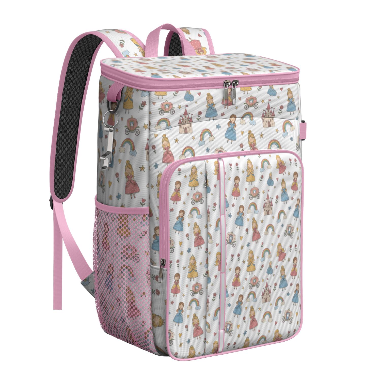 Travel Cooler Bag - White Princess Castle Pattern Camping Beer Cooler Backpack with Bottle Opener- Waterproof Insulated Picnic Backpacks - Cooler Bag for Beach