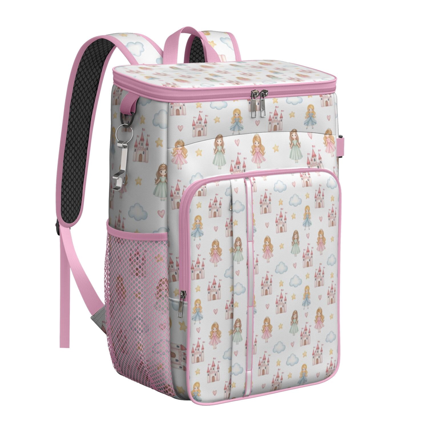 Travel Cooler Bag - White Princess Castle Pattern Camping Beer Cooler Backpack with Bottle Opener- Waterproof Insulated Picnic Backpacks - Cooler Bag for Beach