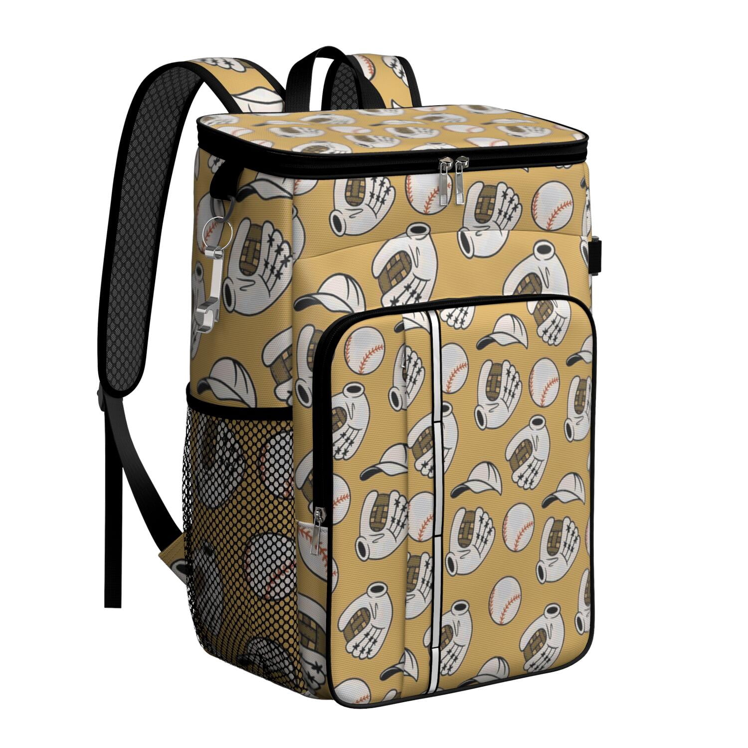 Travel Cooler Bag - Yellow Baseball Items Pattern Camping Beer Cooler Backpack with Bottle Opener- Waterproof Insulated Picnic Backpacks - Cooler Bag for Beach
