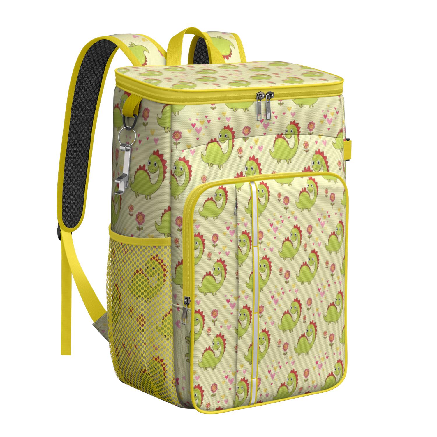 Travel Cooler Bag - Yellow Cartoon Dinosaurs Flowers Hearts Pattern Camping Beer Cooler Backpack with Bottle Opener- Waterproof Insulated Picnic Backpacks - Cooler Bag for Beach
