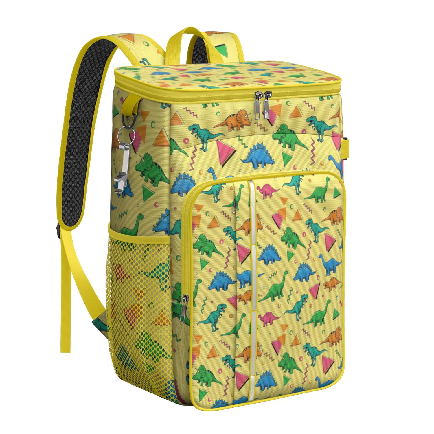 Travel Cooler Bag - Yellow Cartoon Dinosaurs Geometric Shapes Pattern Camping Beer Cooler Backpack with Bottle Opener- Waterproof Insulated Picnic Backpacks - Cooler Bag for Beach