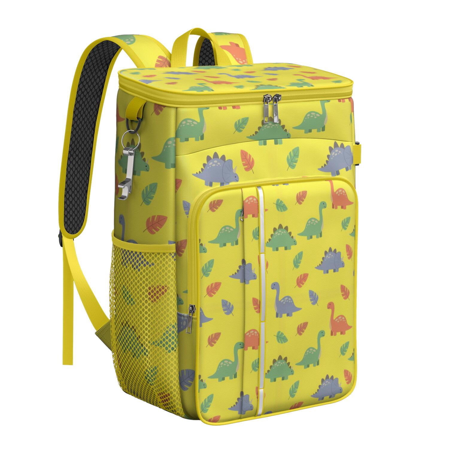 Travel Cooler Bag - Yellow Cartoon Dinosaurs Leaves Pattern Camping Beer Cooler Backpack with Bottle Opener- Waterproof Insulated Picnic Backpacks - Cooler Bag for Beach